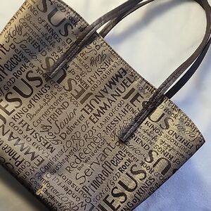 Religious Text Printed Tote/Bible Bag in Brown EUC